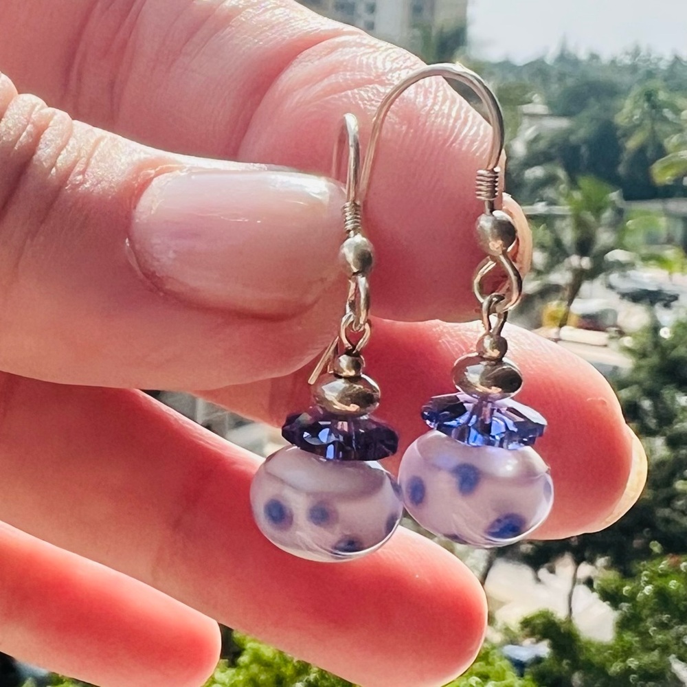 Sterling Silver, Purple Swarovski Crystal, & Bead Dangle Earrings
